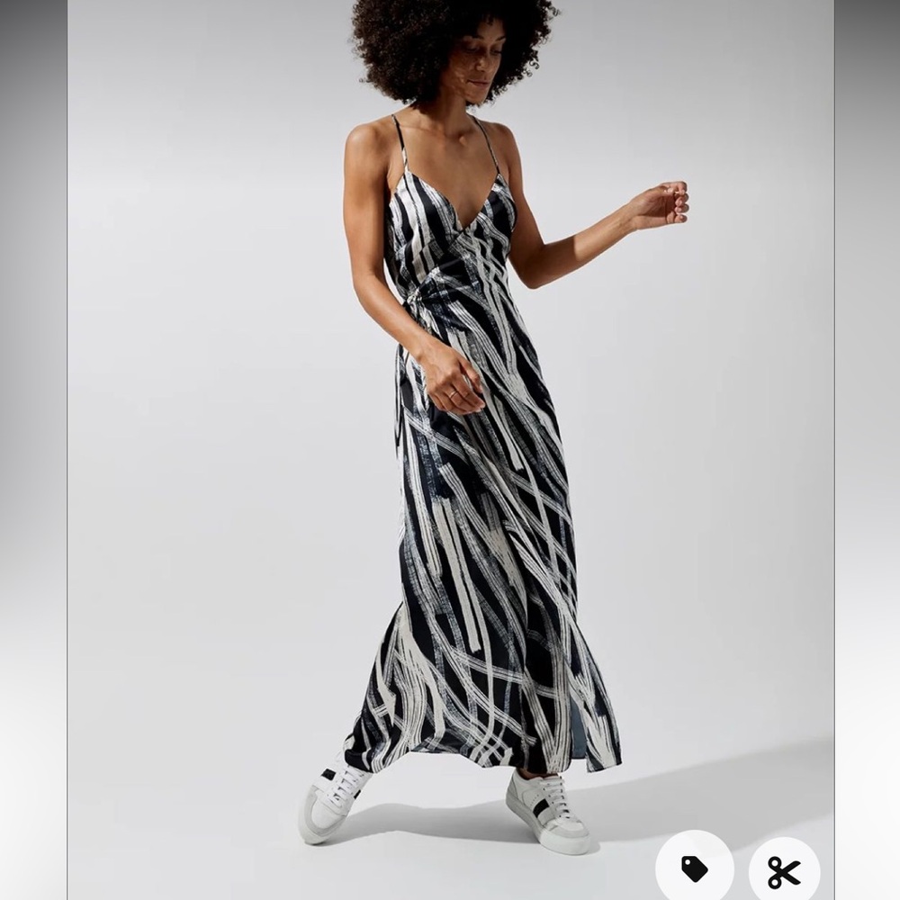Carbon38 black white brush print black maxi wrap dress spaghetti strap